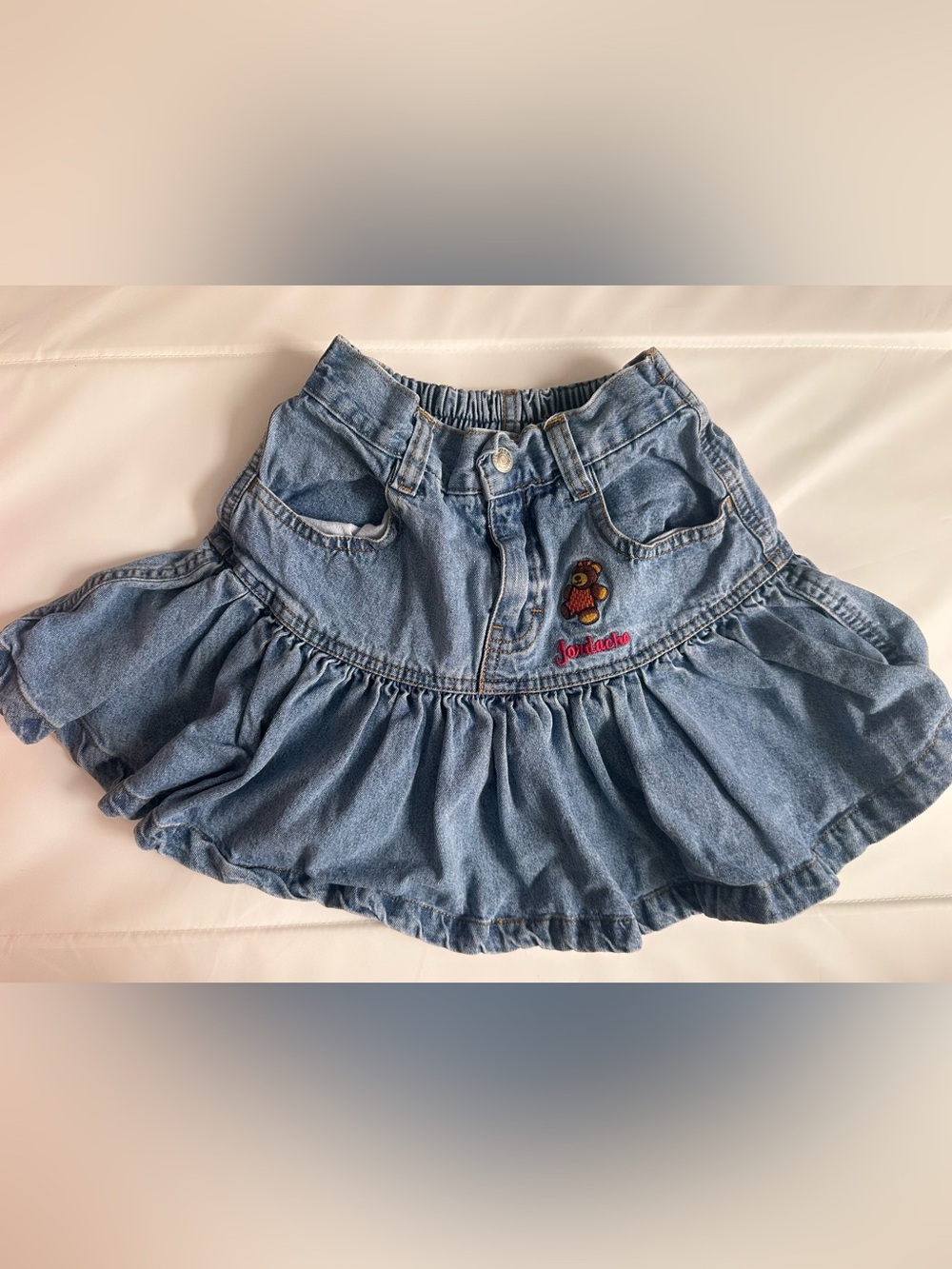 Jordache Girls Size 6X Blue Denim Pleated Skirt Teddy Bear Embroidered